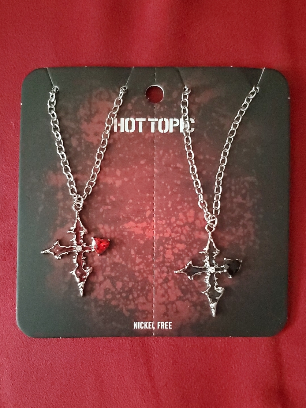 Hot Topic Silver Gothic Cross Necklaces with Red and Black Gem Stones Frienship